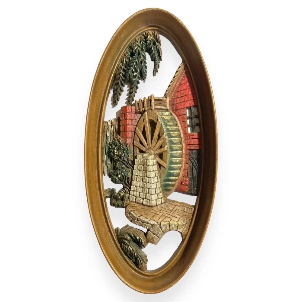 Vintage 1965 Burwood Wall Plaques Oval Cabin Farm Water Wheel USA LOT of 2 Decor